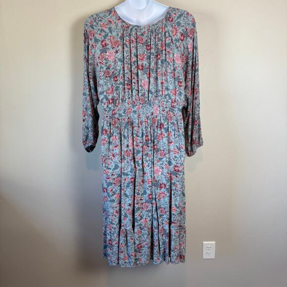 Knox Rose 1X Plus Size Peasant Floral EUC Midi Dress Boho 100% Rayon Tiered - Picture 9 of 12
